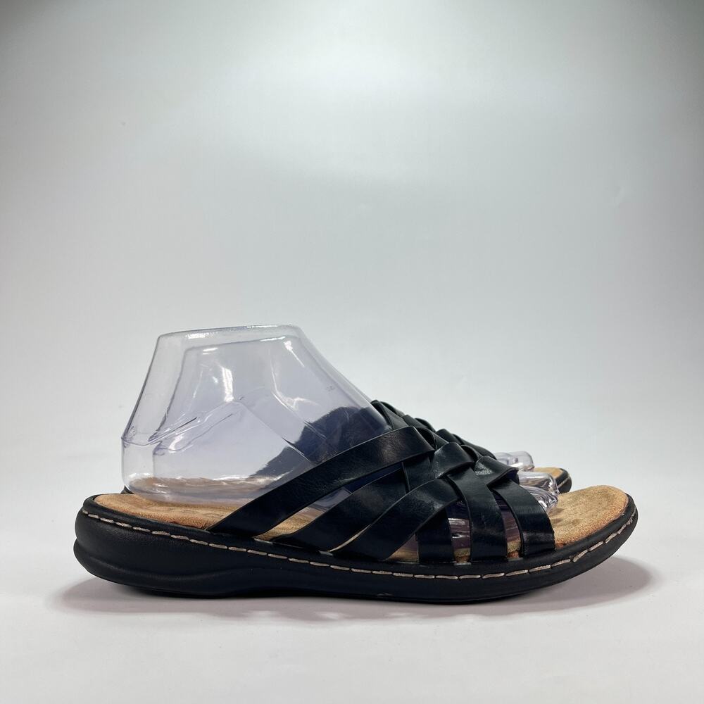 Izod Slaight Black Faux Leather Casual Woven Strappy Slide Sandals Womens Size 8